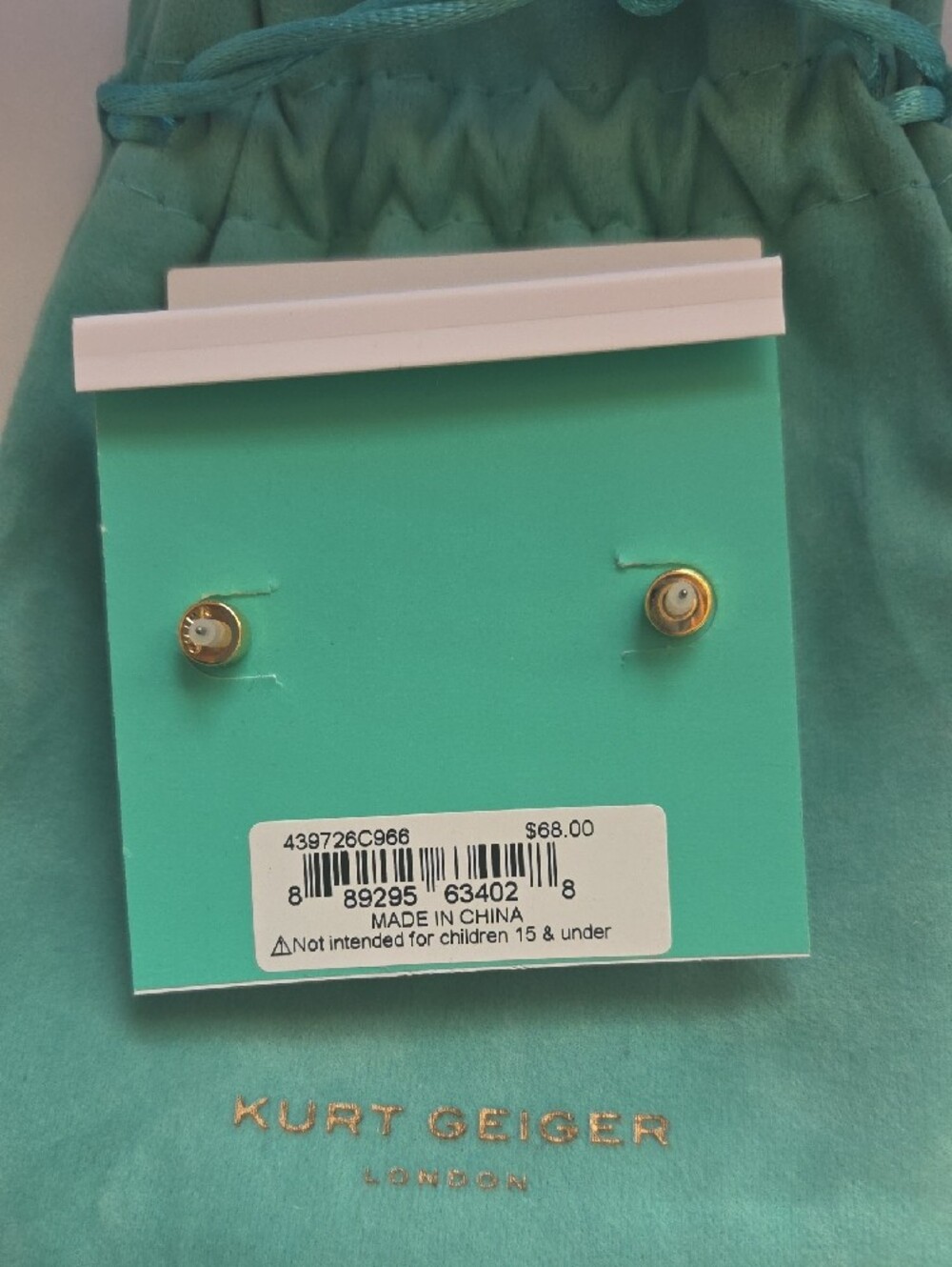 Kurt Geiger Gold Eagle Stud Earrings with Turquoise Pouch - Picture 2 of 3